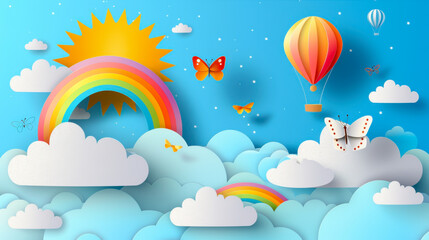 Beautiful fluffy clouds on blue sky background with summer sun