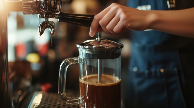 A barista preparing a French press coffee, carefully timing the brew for optimal flavor.