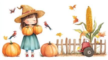 Cute little girl with a straw hat adorned with birds, holding big pumpkins, standing beside a wooden fence and a tall corn harvester, surrounded by vibrant autumn decorations