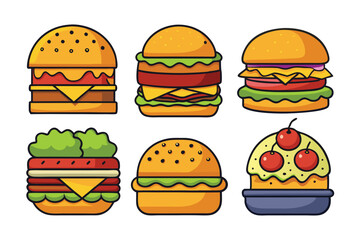 Set of different types delicious burger vector illustration on white background