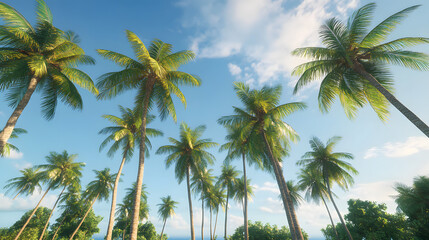 High-Definition Image of a Coconut Grove with Tall Palm Trees Bearing Coconuts Under a Clear Bright Blue Sky