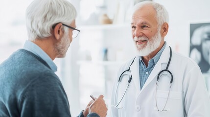Fototapeta premium Senior man attending a wellness checkup with a doctor, bright clinic setting, geriatric wellness checkup, preventive care