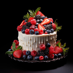 White chocolate cake decorate and top with a lot of berries.