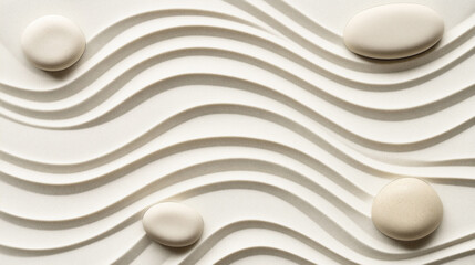Image of a Zen garden with smooth white pebbles arranged on a beige sand surface, featuring elegant, wavy raked patterns that create a sense of tranquility and harmony.