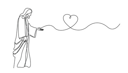 continuous line of Jesus reaching out and giving love.one line drawing of the Lord Jesus giving love to the people.single line vector illustration.isolated white background