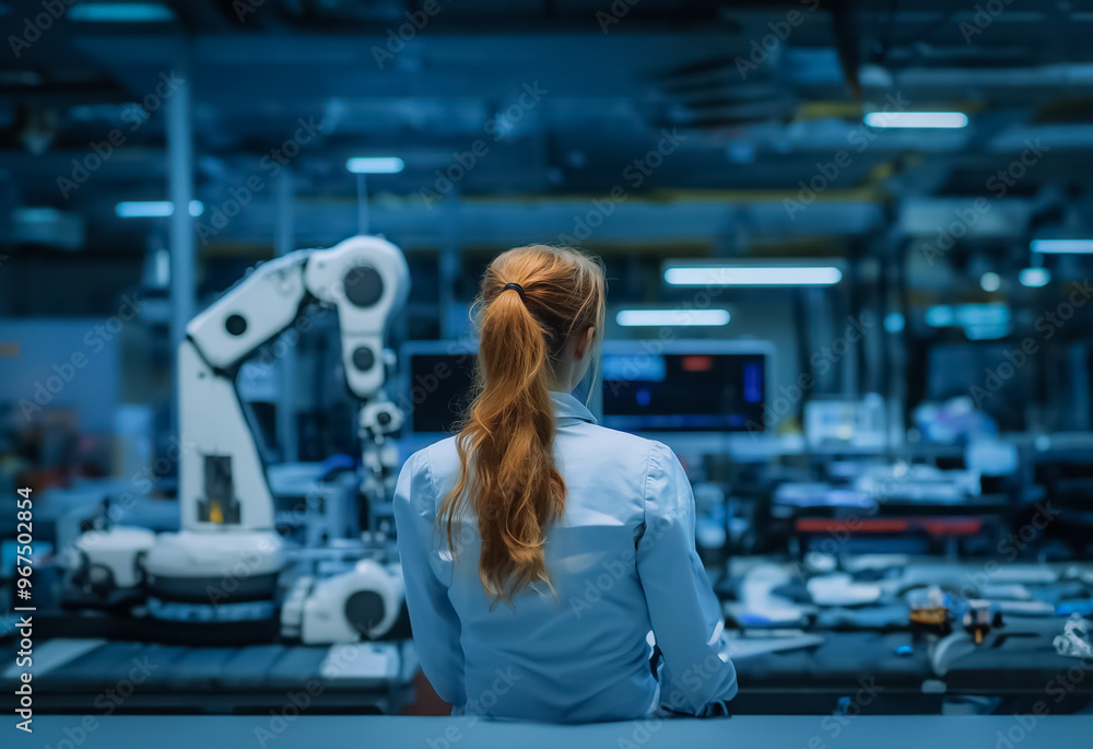 Poster a female engineer in a high-tech industrial environment, focused on robotics and automation technolo