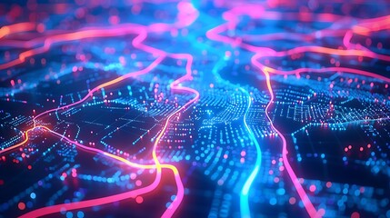 Fototapeta premium Neon Paths on Digital Map, Business Theme, Background, Neon, Paths