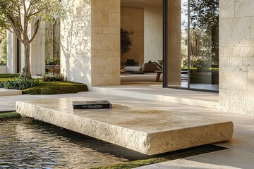 Obraz premium Tranquil outdoor water feature with modern minimalist architecture and nature scenery