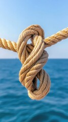 Fototapeta premium A thick brown rope with loose ends is tied in a knot as it rests above the tranquil surface of the sea, reflecting a peaceful moment of craftsmanship against nature