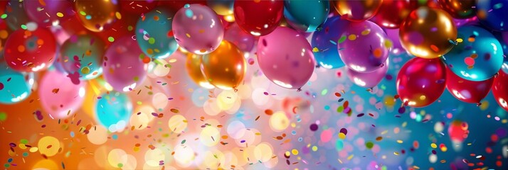 Vibrant balloons and sparkling confetti create a lively atmosphere for a festive celebration background with copy space