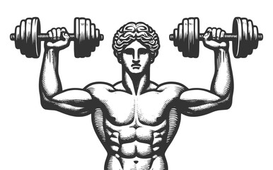 Obraz premium ancient Greek statue lifting heavy dumbbells, modern fitness themes sketch engraving generative ai fictional character vector illustration. Scratch board imitation. Black and white image.