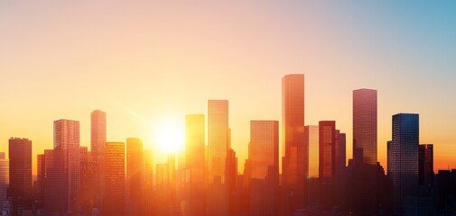 Fototapeta premium A bustling city at dawn, with skyscrapers reflecting the rising sun and people starting their day