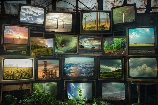 Multimedia images of climate change, global garming, chimneys, smoke, renewable energies on different television screens. Generative AI. Mosaic background.