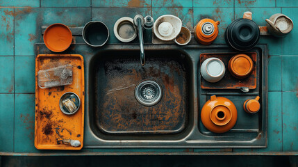 Overhead view of a cluttered, rusty kitchen sink with various unwashed dishes, bowls, cups, and trays. The kitchen shows signs of neglect and wear.
