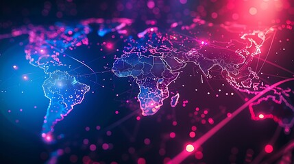 Obraz premium Neon Data Flow on Global Map, Business Theme, Background, Neon, Data Flow