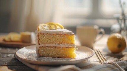 Delicious lemon cake slice on a plate with a cup and fresh lemons nearby. Perfect for dessert lovers and sunny days.