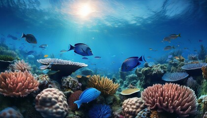 Naklejka premium Blue tang fish, Coral Reef Panorama with bluetang Fish and Sea Creatures