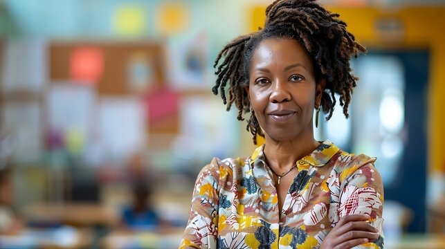 Portrait of a Substitute Teacher in a Blurred Classroom Background, Portrait Shot, Substitute Teacher, Classroom Background