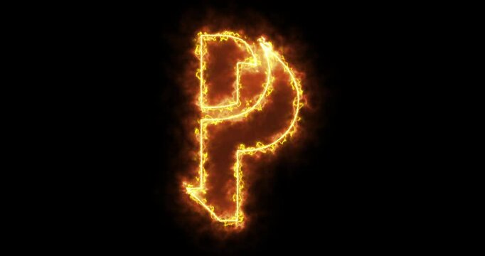 4K fire P alphabet on black background. P alphabet fire moving outline for an online shop, blog, web, cafe, and hotel on a black BG.Technology video material animation. Easy to use in any video.