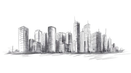 Fototapeta premium A simple hand-drawn sketch of a city skyline with tall buildings, a minimalist art piece.