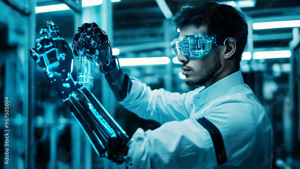 Aufkleber a scientist in a high-tech lab examines robotic arms while wearing augmented reality glasses during 