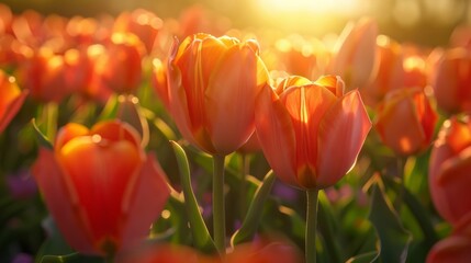 Beautiful sunset over a field of vibrant orange tulips in full bloom. Nature’s colors shine brightly under golden light.