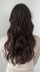 A woman with long brown hair in a white sweater is shown from behind against a clean white background, creating a simple visual effect.