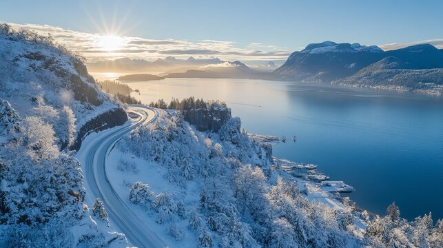 Enjoy stunning aerial vistas of the Sea to Sky Highway along the Pacific Ocean. Capture the beauty of a sunny winter day in Howe Sound, nestled between Vancouver and Squamish.