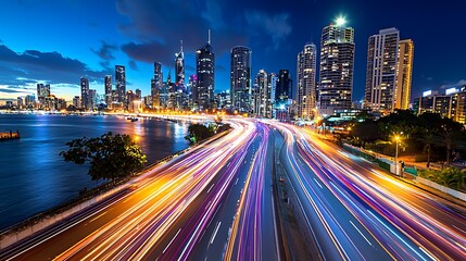 Fototapeta premium A cityscape at night with highway traffic light trails creates a dynamic urban scene.