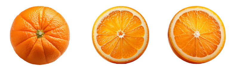 Orange fruit on a white or transparent background. a whole orange and two slices
