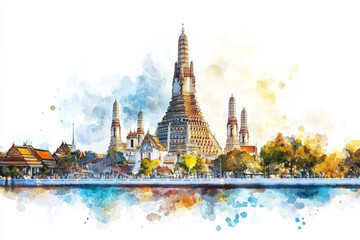Naklejka premium PNG Wat Arun in Thailand architecture illustration watercolor.