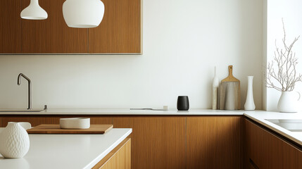 white counter tops and wood cabinets in a modern kitchen