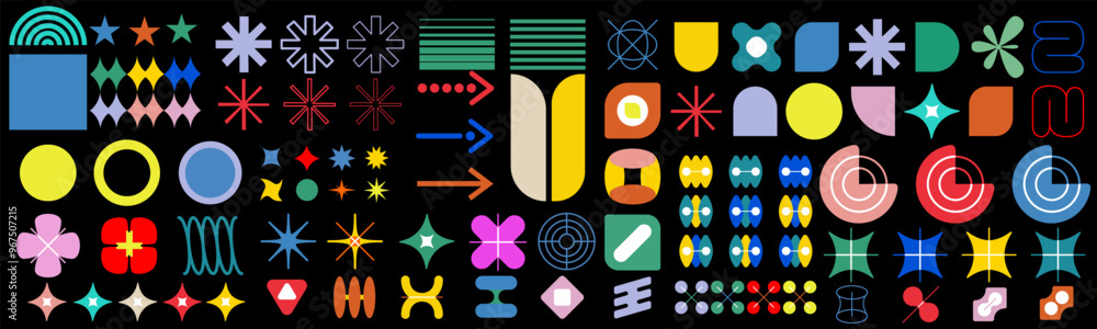 Poster abstract geometric shapes and grids on black background. brutalist abstract geometric shapes and gri