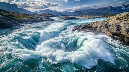 During high and low tides, river and ocean waters collide, creating whirlpools in the Saltstraumen maelstrom in Nordland, Norway.
