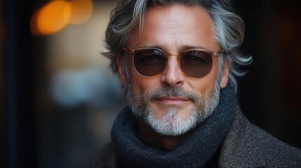 portrait of a distinguished middleaged man with saltandpepper hair and designer sunglasses casual yet stylish attire exudes confidence and sophistication against an urban backdrop
