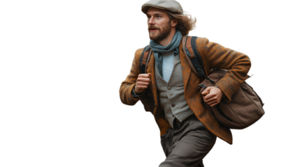 A man wearing a hat and carrying a backpack is depicted in motion, running energetically outdoors.