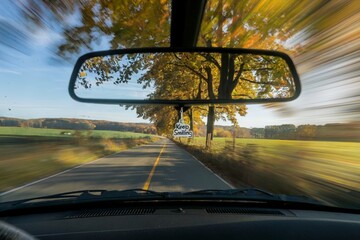 Driving down a scenic country road in autumn, view from inside the car.