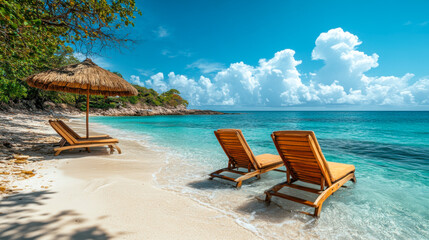 Obraz premium Umbrella and wooden chairs on tropical Caribbean beach