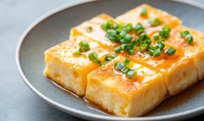 Delicious Plate of Steamed Tofu Drizzled With Sauce and Garnished With Green Onions on a Gray Dish