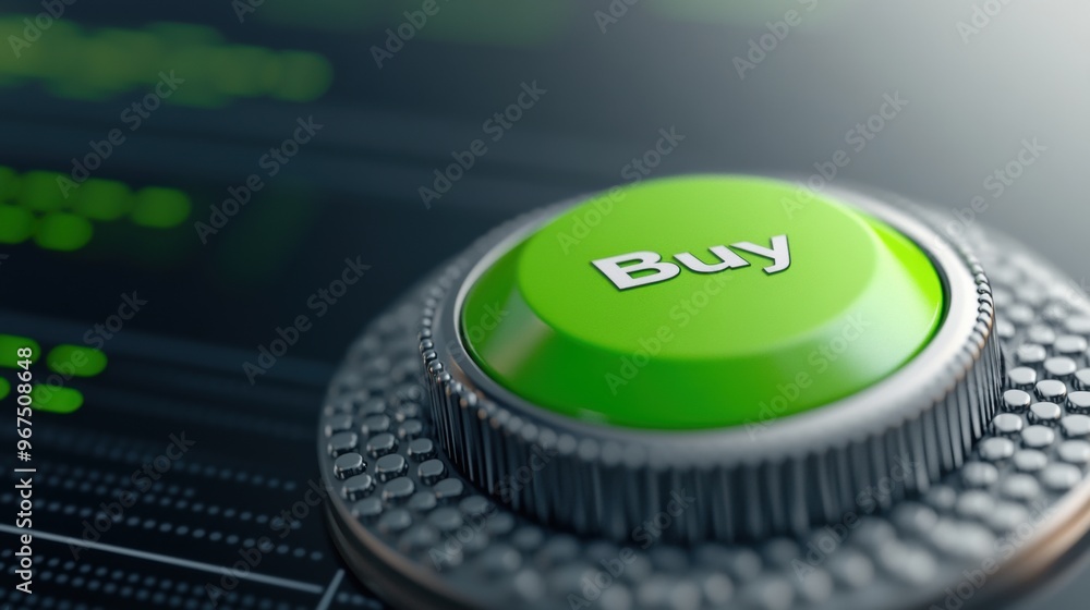 Poster a green button with the word buy on it sitting in front of a computer screen, ai