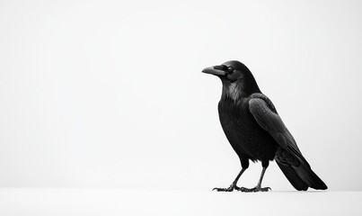 Obraz premium Dark-feathered Raven Standing on a White Surface in a Minimalist Setting During Daylight