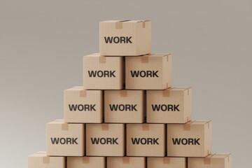 Stack of cardboard boxes with word work, beige background, delivery concept.