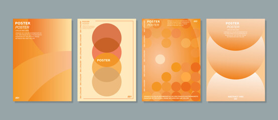 A collection of vector backgrounds for posters with a color gradient in warm orange tones. A set of wall decorations, unusual, unusual geometric shapes. Interior art, decorative art, banner, cover.
