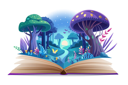 Open book with magic fairy tale world in bright neon light. Fantasy storybook with purple mushrooms and blue river on pages, mystic sorcery story for reading by kids cartoon vector illustration - Powered by Adobe
