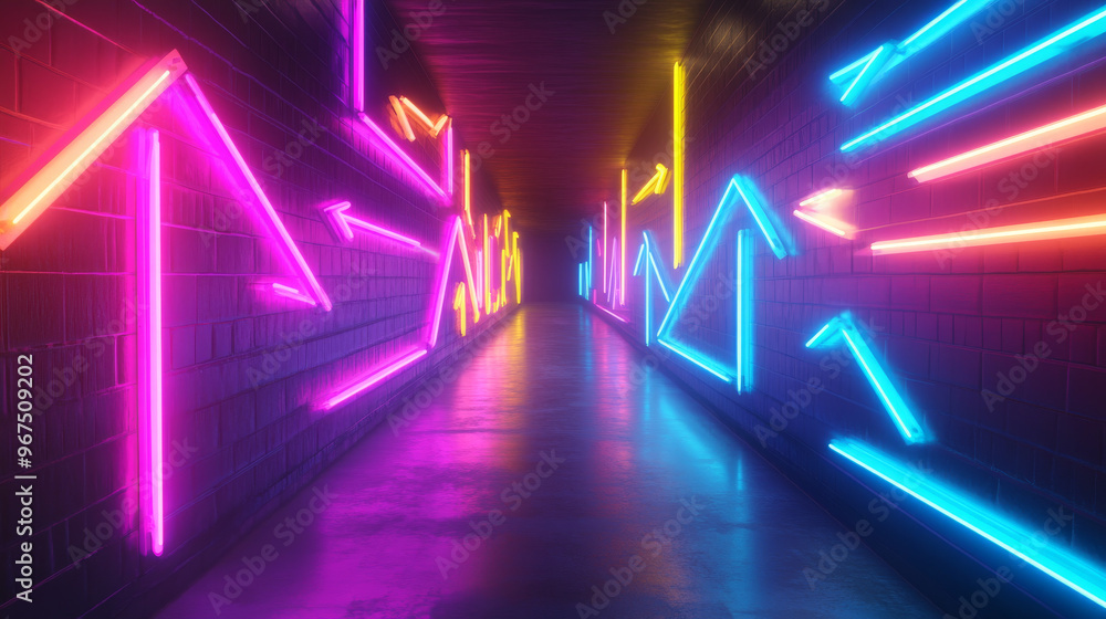 Wall mural colorful neon arrows pointing in various directions.