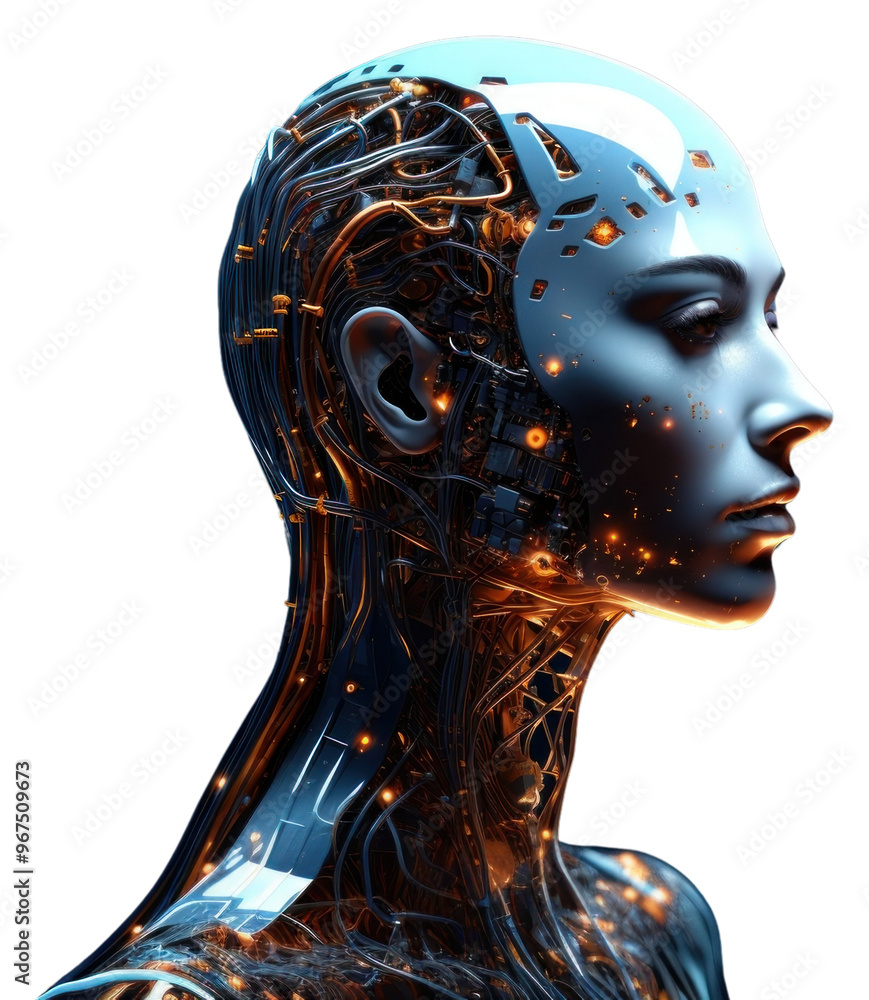 Poster png futuristic side portrait of robot circuits digital digital circuits.
