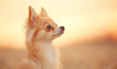 Charming Chihuahua Gazes at the Sunset in a Warm Golden Landscape During Early Evening