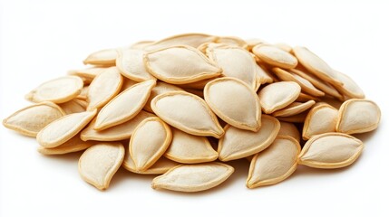 Raw Pumpkin Seeds Piled Together on a White Surface, Showcasing Their Natural Shape and Texture