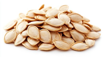 Pumpkin Seeds Piled on a White Background Showcasing Their Smooth Texture and Natural Shape