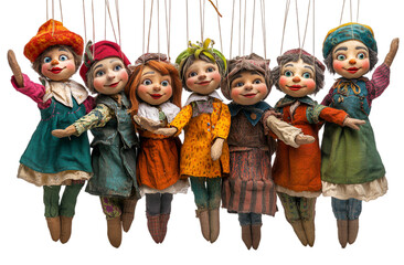  A collection of dolls suspended from strings, creating a whimsical and playful display in a vibrant setting.